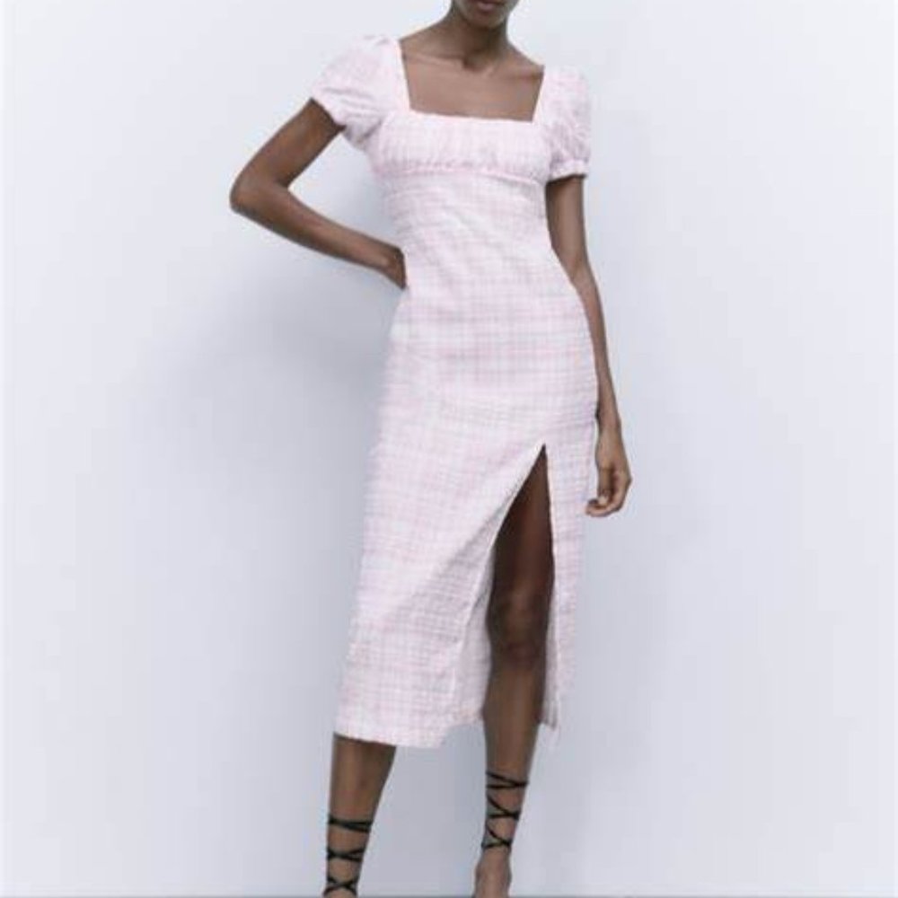 NWT TEXTURED MIDI DRESS  GINGHAM PINK - REF. 3067/218.